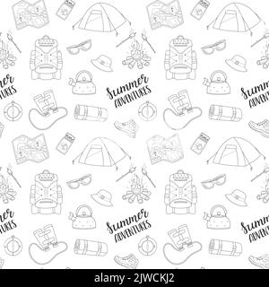 Campeggio senza giunture. Attrezzatura e attrezzatura da viaggio. Elementi da trekking disegnati a mano e scritte. Doodle sfondo per sito web, banner, tessile, p Illustrazione Vettoriale
