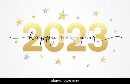 Buon anno nuovo 2023 scritta e glitter d'oro delle stelle. Modello di progettazione numero 20 23. 2023 simboli felice anno nuovo. Modello vettoriale creativo Illustrazione Vettoriale