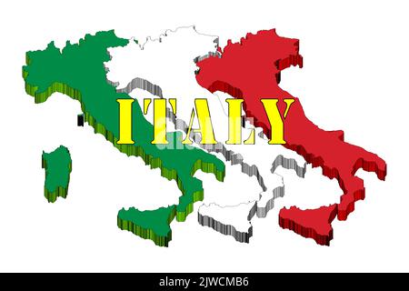 Logo Italia: Silhouette d'Italia, con i colori della bandiera, illustrazione in grafica 3D e con le parole 'Italia'. Foto Stock