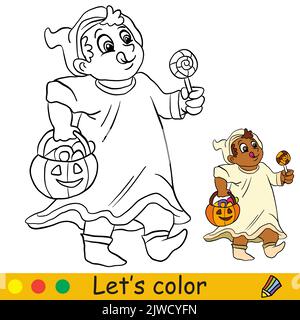 Ragazzo carino in costume fantasma con dolci in una borsa di zucca. Concetto di Halloween. Pagina del libro da colorare per bambini con modello colorato. Cartoon vettoriale illu Illustrazione Vettoriale