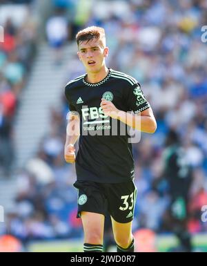 Luke Thomas di Leicester durante la partita della Premier League tra Brighton e Hove Albion e Leicester City all'American Express Stadium , Brighton , Regno Unito - 4th Settembre 2022 solo per uso editoriale. Nessun merchandising. Per le immagini di calcio si applicano le restrizioni di fa e Premier League inc. Nessun utilizzo di Internet/cellulare senza licenza FAPL - per i dettagli contattare Football Dataco Foto Stock