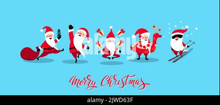 Babbo Natale set per Natale e Capodanno. Allegro mano disegnata babbo natale. In pose diverse. Illustrazione vettoriale. Illustrazione Vettoriale