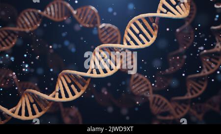 illustrazione 3d. Elica del DNA su sfondo blu scuro. Concetto medico. Foto Stock
