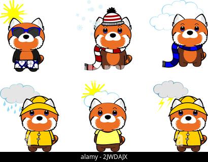 cartoni animati kawaii rosso panda meteo set di illustrazioni in formato vettoriale Illustrazione Vettoriale