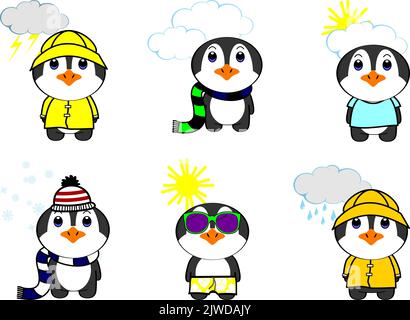 penguin weather kawaii cartoon set di illustrazioni in formato vettoriale Illustrazione Vettoriale