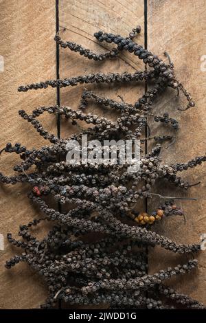 grani di pepe nero secchi, frutti di pepe nero secchi o drupi su un tavolo di legno, ingrediente speziato e condimento, preso direttamente dall'alto Foto Stock