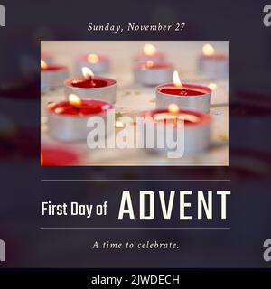 Composizione del testo del primo giorno dell'avvento con candele su sfondo sfocato Foto Stock