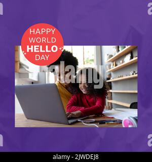 Composizione di happy World hello day text con la donna afroamericana e sua figlia utilizzando il laptop Foto Stock