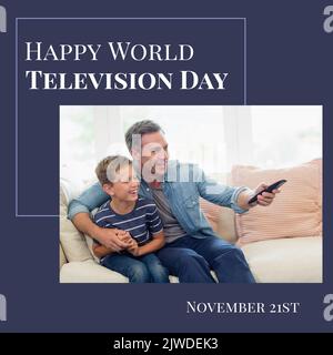 Composizione del testo della giornata televisiva del mondo felice con l'uomo caucasico e suo figlio che guarda la tv Foto Stock