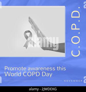 Composizione di Promote Awareness This World copd Day testo con mano e nastro su sfondo blu Foto Stock