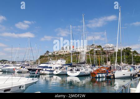 Barche ormeggiate a Torquay Marina e sullo sfondo la ruota panoramica nei giardini Pavilion Foto Stock