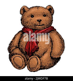 Carino orsacchiotto con sciarpa. Giocattolo morbido vintage isolato su sfondo bianco. Illustrazione vettoriale colorata Illustrazione Vettoriale