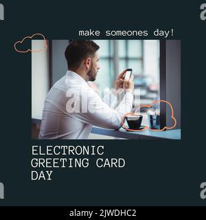 Composizione del testo elettronico del giorno del biglietto d'auguri su un uomo d'affari caucasico che utilizza lo smartphone Foto Stock