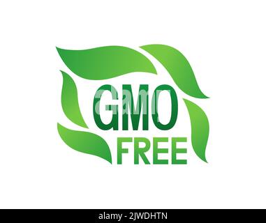 Illustrazione dell'adesivo vettoriale privo di OGM. Etichetta con foglie verdi per la produzione Eco e Naturale. Illustrazione Vettoriale