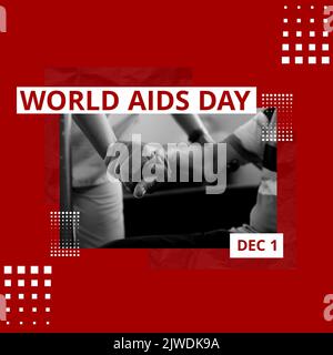 World Aids Day e il testo del dicembre 1 con la parte centrale dell'infermiera che tiene la mano del paziente anziano in ospedale Foto Stock