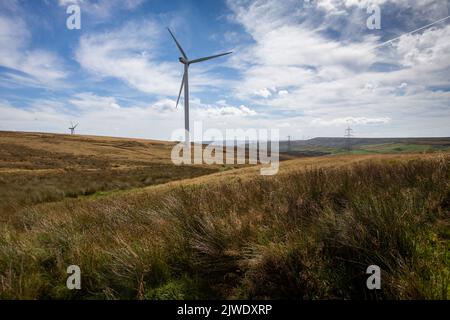 Todmorden è alla confluenza di tre ripide valli Pennine ed è circondato da brughiere con affioramenti di pietra arenaria. Il confine storico tra lo Yorkshire e il Lancashire è il fiume Calder e il suo affluente, Walsden Water, che attraversa la città. Il confine amministrativo è stato alterato dal governo locale legge 1888 che pone l'intera città all'interno del West Riding. La città è servita dalle stazioni ferroviarie di Todmorden e Walsden. La città e il vicino parco eolico sono presenti nel nuovo dramma ITV Ridley con Adrian Dunbar Credit: Windmill Images/Alamy Liv Foto Stock