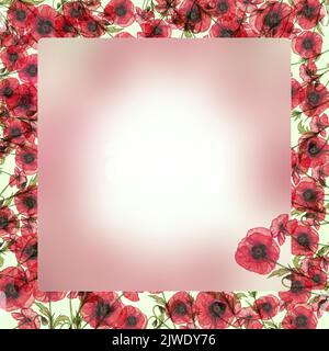 Cartolina 1x1, banner con composizione botanica di fiori e foglie semitrasparenti rossi. Glassmorfismo. Spazio per il testo. Disegno a matita a mano Foto Stock