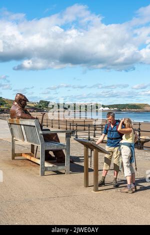 Turisti che studiano il pannello informativo Freddie Gilroy nella North Bay di Scarborough Foto Stock