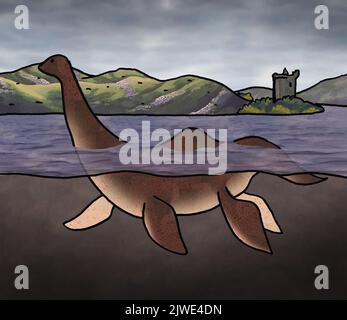 Il mitico mostro di Loch Ness nuota davanti al castello di Urquart in Scozia. Vista sul livello dell'acqua della famosa bestia mitica. Foto Stock