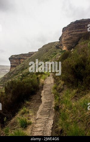 Uno stretto sentiero in cemento che conduce alle fredde e piovose montagne Drakensberg del Golden Gate Highlands National Park Foto Stock