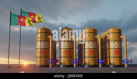 Riserva di gas Camerun, Camerun serbatoio di gas, serbatoio di gas Naturale Camerun con bandiera Camerun, sanzione sul gas, 3D lavoro e 3D immagine Foto Stock