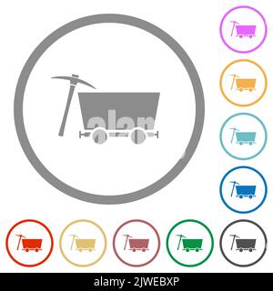 Icone a colori piatte in carrozza e pickaxe in contorni tondi su sfondo bianco Illustrazione Vettoriale