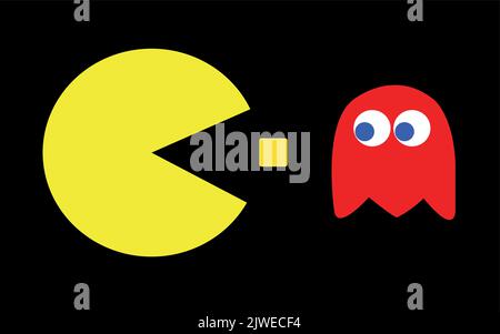 Illustrazione vettoriale del tema del gioco PAC-Man. Gioco di computer retrò con PAC-Man e il suo personaggio nemico Illustrazione Vettoriale