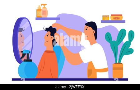 Parrucchiere che fa il banner di moda di affari dei capelli. Lavorazione dei capelli e acconciatura del carattere e disegno vettoriale del taglio dei capelli. Barbiere e parrucchiere per c Illustrazione Vettoriale