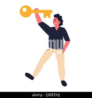 Man trova la chiave per la soluzione di ricerca di keyhole e concetti aziendali e per l'analisi dell'illustrazione vettoriale. Ricerca di idea lock e innovazione cervello. M Illustrazione Vettoriale