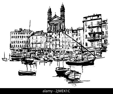 Bastia porto vecchio - Corsica, Francia - illustrazione vettoriale (ideale per la stampa su tessuto o carta, poster o carta da parati, decorazione della casa) Illustrazione Vettoriale