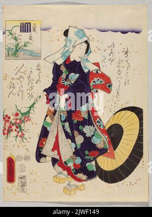 Ragazza con bouquet di garofani, illustrazione per la scena del capitolo 26 del romanzo intitolato “Genji monogatari”; titolo in stampatello: “Tokonatsu, natsu-no kisetsu” (estate). Utagawa, Kunisada i (1786-1864), artista grafico Foto Stock