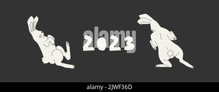 Lepri o conigli che volano, meditando o saltando, in pose diverse intorno al numero 2023. Simbolo di 2023 coniglietti su sfondo nero. Minimalista Illustrazione Vettoriale