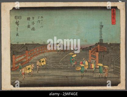 Ponte Nihonbashi in Edo; stampa della serie: Gojusan tsugi meisho zue (viste famose da 53 stazioni; “Tsutaya Tokaido”). Utagawa, Hiroshige i (1797-1858), artista grafico Foto Stock