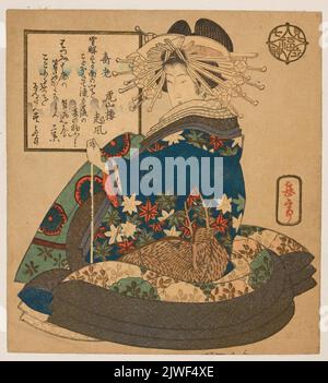 Cortigiano e cucciolo, composizione che simboleggia Jurojin, stampa della serie “Mitate Shichifukujun” (immagine dei sette dei fortunati); surimono. Gakutei, Yashima (1786?-1868), artista grafico Foto Stock