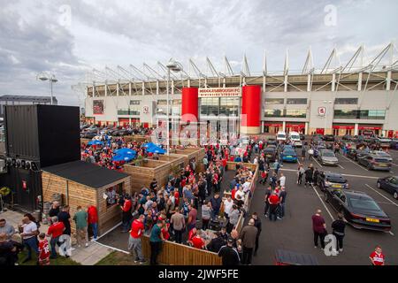 Middlesbrough, Regno Unito. 5th settembre 2022A visione generale della Fan zone al Riverside Stadium durante la partita di campionato Sky Bet tra Middlesbrough e Sunderland al Riverside Stadium, Middlesbrough lunedì 5th settembre 2022. (Credit: Marco Fletcher | NOTIZIE MI) Credit: NOTIZIE MI & Sport /Alamy Live News Foto Stock