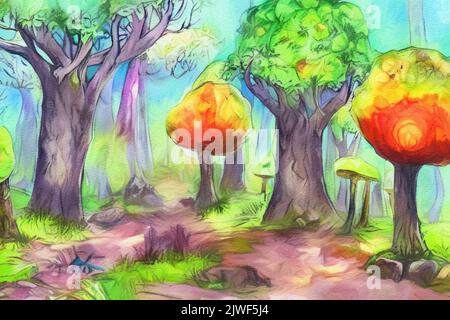Acquerello e olio fantasy paesaggio forestale, alberi magici, funghi, incandescente. Pittura digitale illustrazione concetto arte di natura mistica, all'aperto Foto Stock