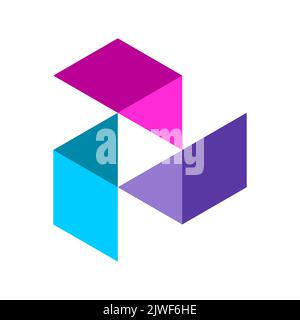 Pulsante di riproduzione colorato. Simbolo di gioco geometrico stilizzato. Forme isometriche che formano un triangolo in uno spazio negativo. Freccia destra o segno di avanzamento. Vettore Illustrazione Vettoriale