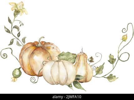 Acquerello scena raccolta con zucca, fiori e foglie bouquet clipart. Composizione autunnale per il giorno del Ringraziamento, scheda di composizione autunnale, ga rustica Foto Stock