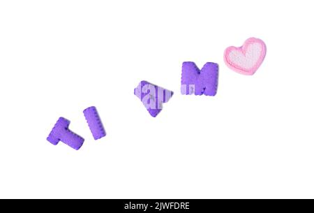 TI amo, significa che TI AMO in italiano scritto con biscotti dell'alfabeto viola e marshmallow rosa Foto Stock