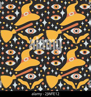 Motivo con elementi retrò di Halloween in stile anni '70s. Illustrazione Vettoriale