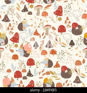 Modello senza cuciture con Hedgehogs carino, funghi e colorate foglie autunnali Illustrazione Vettoriale