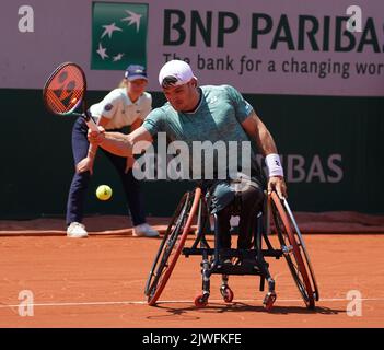 Il giocatore argentino di tennis su sedia a rotelle Gustavo Fernandez in azione durante la sua partita finale di single uomini su sedia a rotelle contro Shingo Kunieda Foto Stock