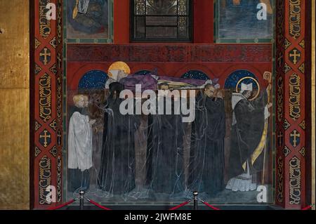 Affresco della processione funebre di Sant'Odilone di Jan Henryk Rosen nella Cattedrale armena dell'Assunzione di Maria a Lviv, Ucraina Foto Stock