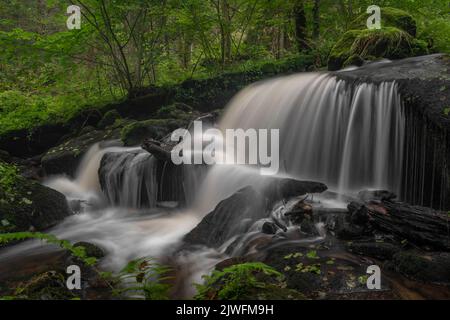 Cascata sotto la porta d'acqua nei pressi della città di Vyssi Brod in estate nuvoloso fresco giorno Foto Stock