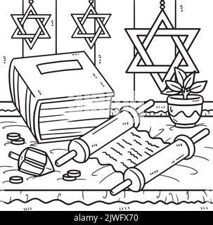 Hanukkah Torah Scroll and Book Coloring Page Illustrazione Vettoriale