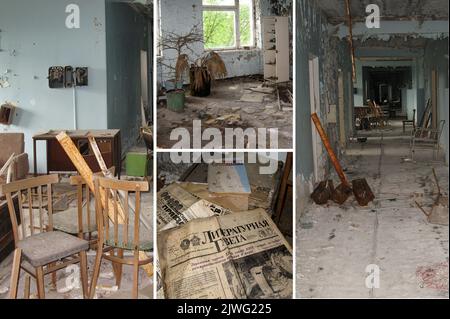 Interno di alcune case abbandonate dopo il disastro di Cernobyl nella città abbandonata di Pripyat (Ucraina) nella zona di esclusione, la città fantasma (1) Foto Stock