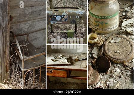 Interno di alcune case abbandonate dopo il disastro di Cernobyl nella città abbandonata di Pripyat (Ucraina) nella zona di esclusione, la città fantasma (1) Foto Stock