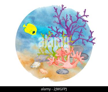 Fondale marino. Composizione acquerello. Barriera corallina, crostacei, pesci tropicali. Illustrazione per logo, etichetta, poster, stampa, cartolina, cancelleria. Foto Stock