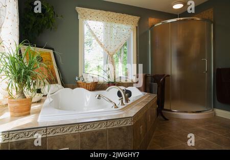 Bagno principale con vasca idromassaggio e box doccia in vetro all'interno di casa stile cottage. Foto Stock