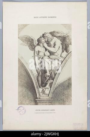 Fotografia di stampa: Marcantonio Raimondi (c.. 1470 o 1482 - 1527 o 1534), Giove abbracciant l'Amour ; foglio da: Notice sur la vie de Marc Antoine Raimondi Graveur Bolonais accompagnée de riproduzioni photographiques de quelques unes de ses Estampes ??????????????? . Delessert, Benjamin (1817-1868), fotografo, Blanquart-Évrard, Louis-Désiré (1802-1872), Reproduction atelier, Goupil & Cie (Paryż ; prima wydawniczo-fotografzna ; 1850-1884), editore, Colnaghi, D. & Co. (Londyn ; galeria sztuki ; 1760- ), editore Foto Stock